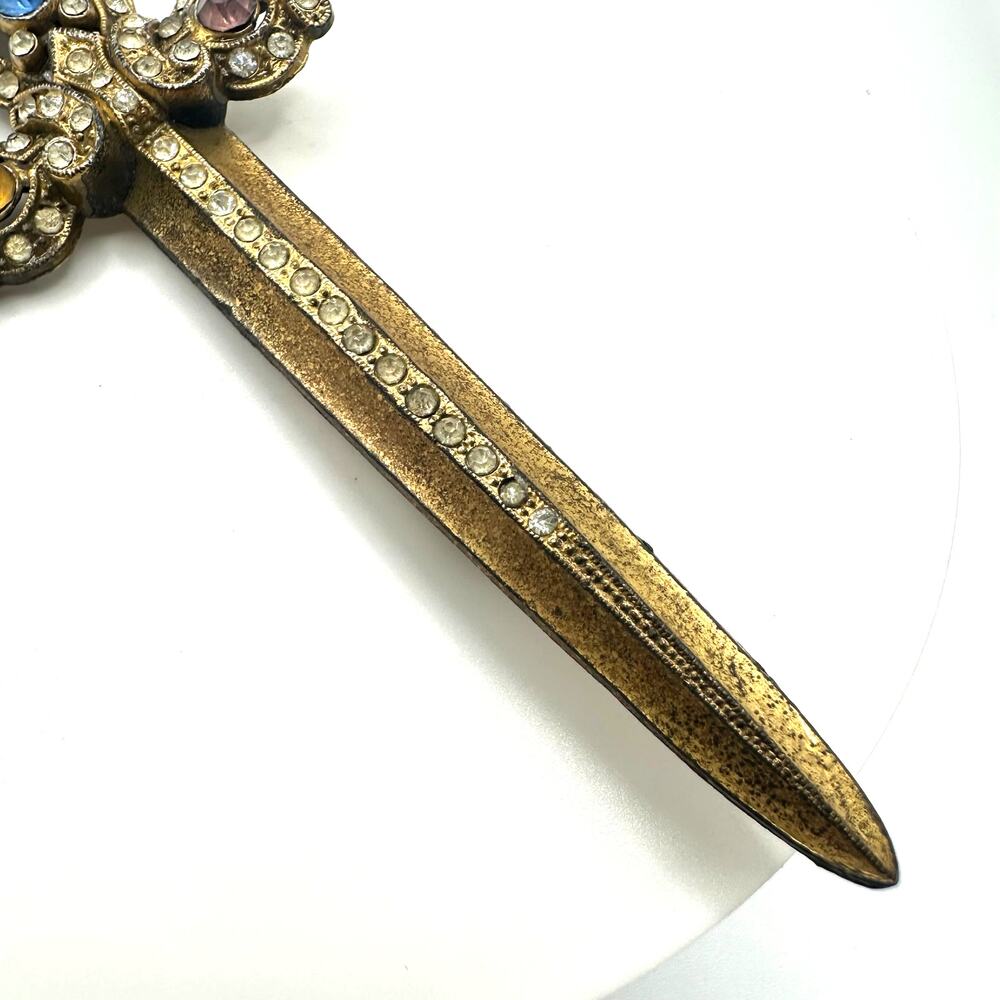 Antique vintage massive 5” gold tone multicolor rhinestones sword dagger brooch - Picture 4 of 7